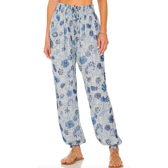Tularosa Blue Floral Harem Pants SMALL Metallic Baggy Joggers Revolve $218 NEW - Picture 1 of 8